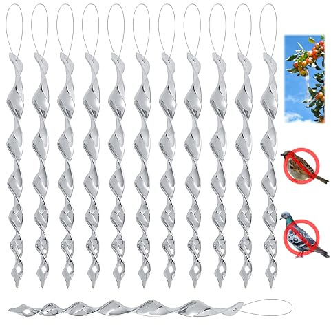12 Pièces Répulsif Oiseaux, 30 Cm Répulsifs Oiseaux Reflechissants, 360 Degrés Repulsif Oiseaux, Spirale Anti Oiseaux Argenté Efficace pour Potager, Balcon, Arbres Fruitiers