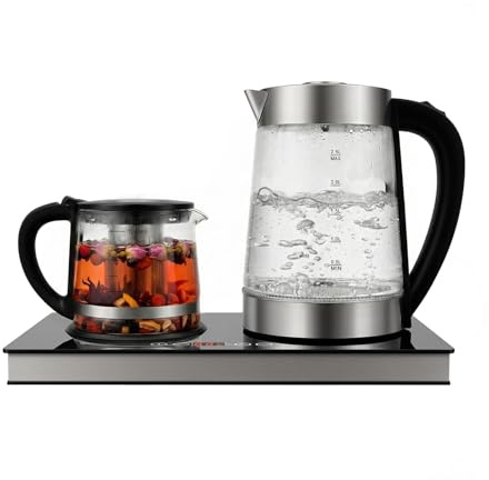 MIKIYUEER 1800W Schnellkocher, Der elektrische Wasserkocher, Doppelter Glas Wasserkocher Set 2,5L + 1L Kapazität, LCD Touchscreen Automatische Abschaltung (Schwarz)