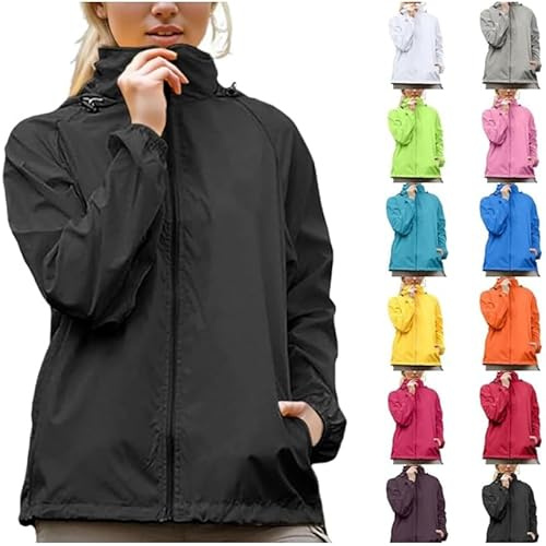 Coupe Vent Femme Impermeable Veste De Pluie Avec Capuche Légère Séchage Rapide Couleur Unie Léger Manteau de Pluie Sport Montagne Fermeture éClair Fine Respirant Veste Pour Camping Randonnée