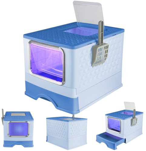 Homewell Bac à Litière pour Chat Fermé, Maison de Toilette avec Pelle et Lampe UV, Plateau Amovibles, pour Chats Adultes, Chatons, Double Porte battante et supérieure