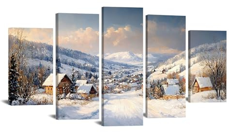 AMXBZC 5 pezzi Moderni Stampe e Quadri su Tela Capanna dell'Albero Montagna Invernale Paesaggio Canvas Murale Tela Wall Art Home Decor Cucina, Anniversario decorare(bianco)-80x150cm Incorniciato