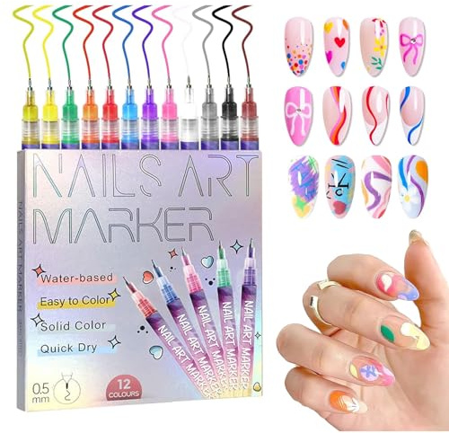 Luckwaii 12 Colours Nail Art Pens Set, Upgrade Nail Art Markers for Gel Nails, 3D Quick Dry Nail Polish Pens Graffiti Dotting Point Liner Pen for Painting, Nails Art Drawing Tool DIY Decoration