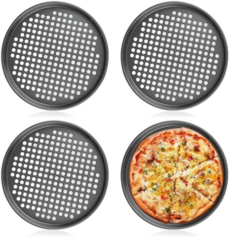 MOKIDO Pizzaplåt rund ø 29 cm, set om 4 pizzabakplåt, svart pizzaplåt, perforerad, non-stick, värmebeständig för pizzaugn och ugn upp till 230 grader, rund pizzaform