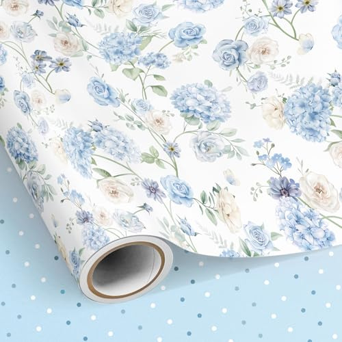 Neloheac Rotolo Carta da Regalo Ortensia Blu Reversible Pois Bianchi e Azzurri, 43 cm x 10 m, Ideale per Compleanni di Ragazze Donne, Festa della Mamma, San Valentino, Bridal Shower, Matrimoni