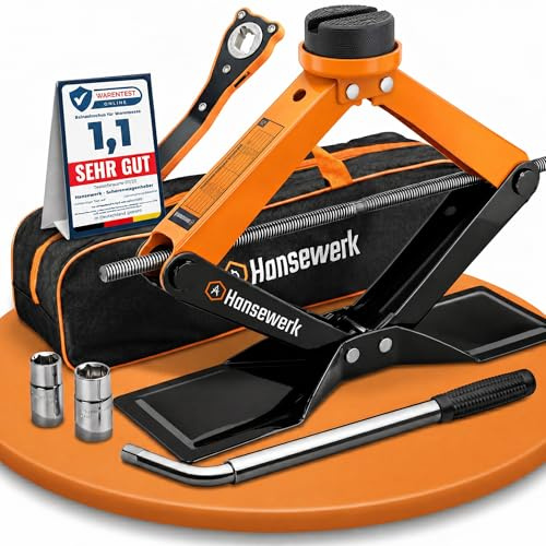 Hansewerk® Wagenheber Scherenwagenheber 2t inkl. Ratsche (Pro) | Inkl. Radmutternschlüssel mit 2 Stecknüssen, Tragetasche und Profiltiefenmesser. 360° schützender drehbarer Gummikopf