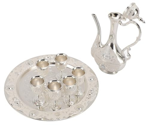 Hamwesh Turkish Coffee Set, Vintage Zinc Alloy Turkish Tea Set Arabic Tea with 6 Coffee Cups 1 Pot 1 Tray for Home Party Housewarming Gift (Silver White)