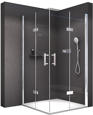BERNSTEIN Eckdusche mit Falttüren DX213 Duschkabine Eckeinstieg 75 x 90 cm (Rechts x Links) mit 8mm ESG-Glas Duschabtrennung mit Hebe-/Senk Mechanismus Dusche Edelstahl-Türgriff