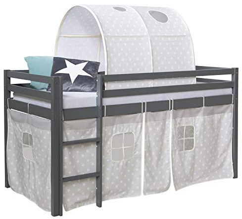 Homestyle4u 1876, Kinderbett Hochbett 90x200 Grau Bettgestell mit Leiter Vorhang Tunnel Sterne Holz Kiefer