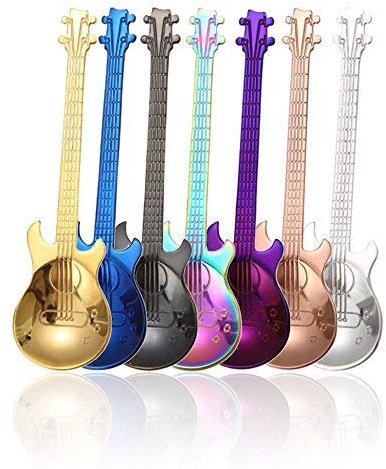 DIVISTAR Gitarren-Löffel-Set, buntes Edelstahl, für Tee, Abendessen, Tisch, Rührlöffel, Dessert, Kaffee, Zuckerlöffel für Eis, Milchshake, Kaffee und mehr, 11,9 cm, 7-teiliges Set