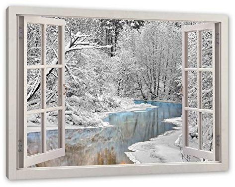 Pixxprint Atemberaubende Winterlandschaft, Fenster, Größe: 60x40cm, Leinwandbild, fertig gespannt, Wandbild, Dekoration, Kunstdruck, kein Poster