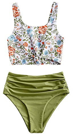 ZAFUL Bauchweg High Waist Tankini-Set mit Niedlichem Knoten, Blumen-Crop-Bikinioberteil & Rüschen-Bikinihose | Gepolsterter Zweiteiliger Badeanzug für Damen (Blumen-Zwiebelgrün,S)