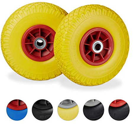 Relaxdays 2X Ruote per Carriola, in Gomma Antipanne, 3.00-4, ASSE 20mm, Max.80 kg, 260 x 85 mm, Giallo Rosso