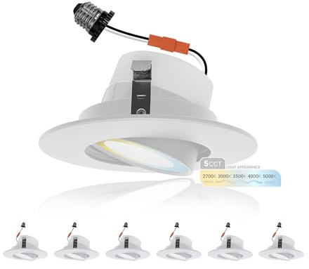 NUWATT 4 Inch Gimbal LED Recessed Lighting Retrofit, 4 Sloped Ceiling Light, 5 CCT 2700K/3000K/3500K/4000K/5000K, Dimmable, High Output 750LM, 10W, 90 CRI Eyeball Lights, Aluminum Trim, ETL 6-Pack