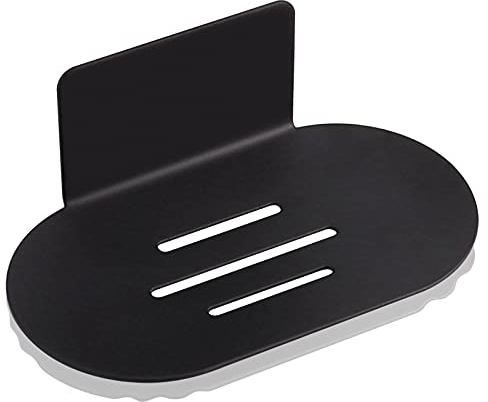 HONZUEN Wall Mounted Black Soap Dish, Self-Adhesive Stainless Steel Holder with Drain Holes, Rustproof Shower Tray, No Drilling Bar Soap Box for Bathroom Sink or Shower Room, Stick-On Design