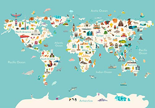 wandmotiv24 Fototapete bunte Weltkarte Kinder Figuren Atlas, XL 350 x 245 cm - 7 Teile, Wanddeko, Wandbild, Wandtapete, Globus Karte Erde Hai Wal Fuchs M6657
