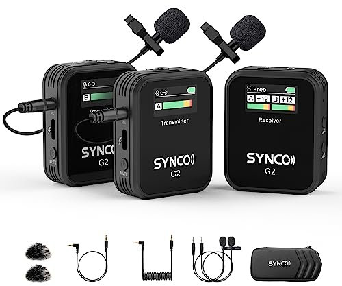 SYNCO G2 (A2) Microfono Lavalier Wireless, Doppio Microfono Clip Senza Fili 2.4Ghz con Riduzione del Rumore e Display TFT 200m per Smartphone Fotocamere DSLR YouTube Live Streaming Vlogging