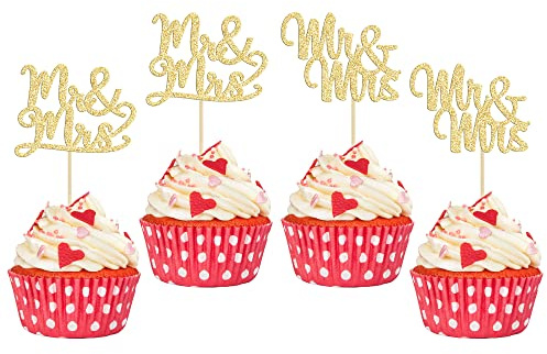 Gyufise Cupcake-Aufsätze mit Aufschrift Mr & Mrs, goldfarben, glitzernd, für Hochzeit, Brautparty, Kuchendekoration, Partyzubehör, 36 Stück