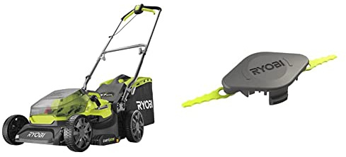 Ryobi RY18LM37A-140 18V ONE+ Cordless 37cm Lawnmower Starter Kit (1 x 4.0Ah) Amazon Exclusive & Ryobi Double Serrated Blades Head for RAC155 Edger Black