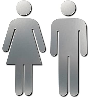 ALPHA DOG SIGNS Men's Women's Restroom Door Figurine Set 7.5x3.5 Inch - Bathroom Decor Figure Pair Brushed Stainless - Laser Cut Acrylic - Indoor Outdoor