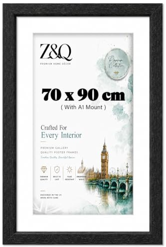 Z&Q Extra Large Poster Frame 70 x 90 cm With Mount For A1 Picture Black Frame Extra Large Vertical & Horizontal Wall Hanging Picture Photo Print HD Clear Plexiglas MDF Backboard With Steel Hooks