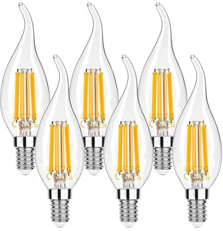Century Light E14 LED dimmerabile lampada a forma di candela 6W 806 Lumen classico lampadario d'epoca lampadina, bianco caldo (2700K) per lampadine convenzionali 60W, vetro, 6pcs
