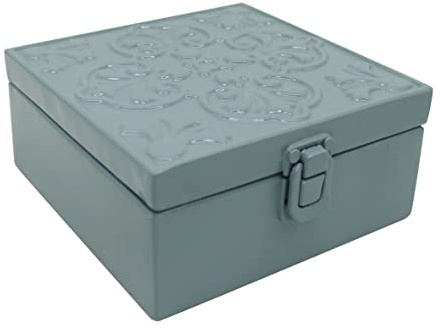 CVHOMEDECO. Rustikale dekorative Aufbewahrungsbox aus Metall, Vintage, verzinkt, mit Deckel und aufklappbaren quadratischen Aufbewahrungsboxen für Fotos, Schmuck, Andenken und Geschenke, Puderblau