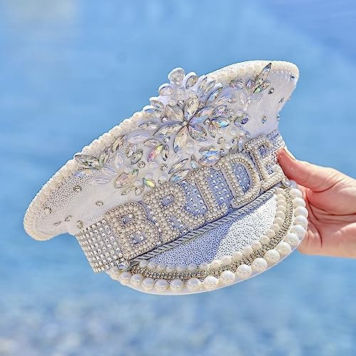 JGA Frauen Hut Kapitäns-Mütze Bride mit Perlen & Strass-Steinen JGA-Party Junggesellinnen-Abschied Braut Kostüm Verkleidung Deko Accessoires Zubehör Frauen Kopfbedeckung Alternative zu Schleier