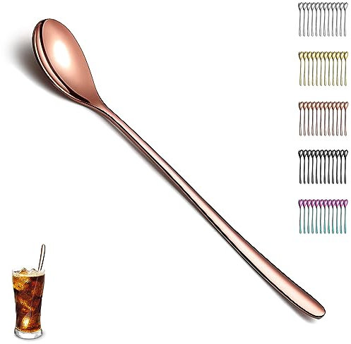 Evanda Eisteelöffel-Set mit langem Griff, rotgoldfarben, 12 Stück, Titanbeschichteter Edelstahl, Teelöffel, Rühr- und Cocktaillöffel, spülmaschinenfest