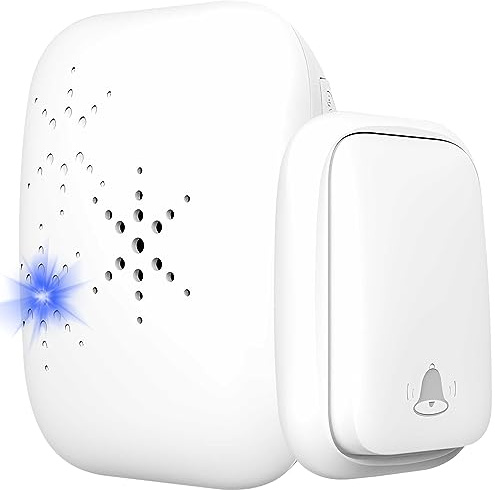 Retoo Funkklingel batterielos, 180 m Reichweite, 38 Töne, 4 Stufen, IP44 | 433,92 MHz, 0–105 dB, Empfänger 110–230 V, Sender mit Klebeband, weiß