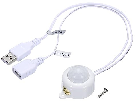 sourcing map DC 5V-24V 5A PIR Movimiento Activado Sensor Interruptor con USB Interfaz Cable para Cocina Gabinete LED Tira Luz, con Luz Sensor Blanco