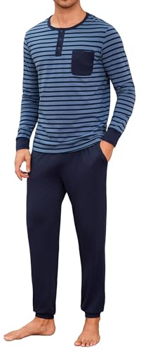 Leversic Pijama Invierno Hombre Manga Larga Conjunto de Pijama Algodón Camisetas Henley con Pantalones de Pijama de Cuerpo Entero(Azul,S)