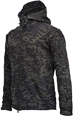 vokkrv Giacca In Softshell Da Uomo Con Cappuccio Giacche Tattico Outdoor Militare Impermeabile Camouflage Antivento Calde Giubbotto tattiche invernale per lavoro, corsa, pesca, caccia, arrampicata