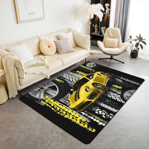 richhome Racing Car Theme Area Teppich 150x200 für Nachttisch, Kinder Jungen Gelbe Autoreifen Teppich für Büro Badezimmer, Rad Indoor Bodenmatte für Schlafzimmer Wohnzimmer