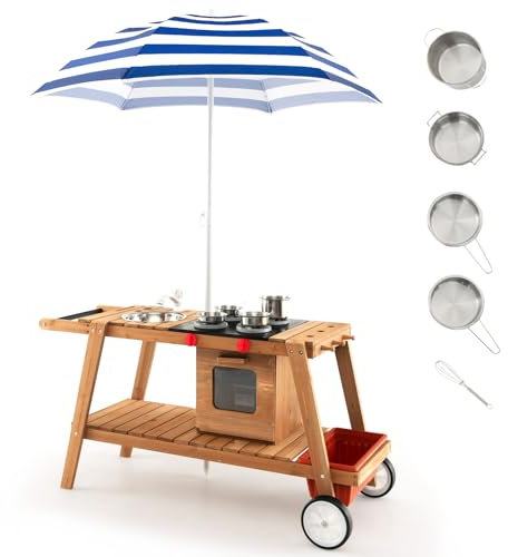 Maxmass Kids Wooden Toy Cart, Pretend Role Play Kitchen with Removable Umbrella, Storage Box and Abundant Accessories, Outdoor Children Food Trolley for Boys Girls