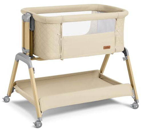 TotRun Bassinet Bedside Sleeper, Rocking Bassinets with Comfy Mattress and Wheels for Newborn, 5-Height Adjustable (Beige)