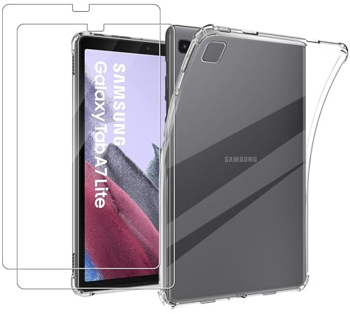 MEMELOKA Hülle für Samsung Galaxy Tab A7 Lite 8.7 Zoll mit 2 Stück Schutzfolie, Weiche Stoßfeste Anti-Gelbfärbung Silikon Schutzhülle mit Verstärkten Airbags - (Transparent)