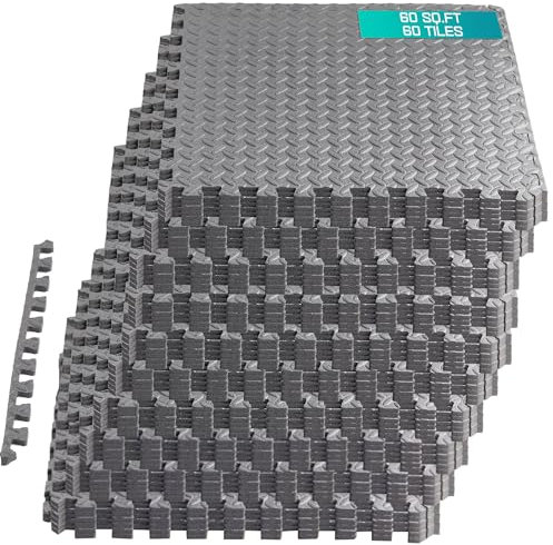 Yes4All 60 SQ.FT Puzzle/ineinandergreifende Übungsmatte Fliesen für Heim-Fitnessstudio, Übung Eva-Schaum-Bodenpolsterung mit Rand für Trainingsgeräte (Grau)