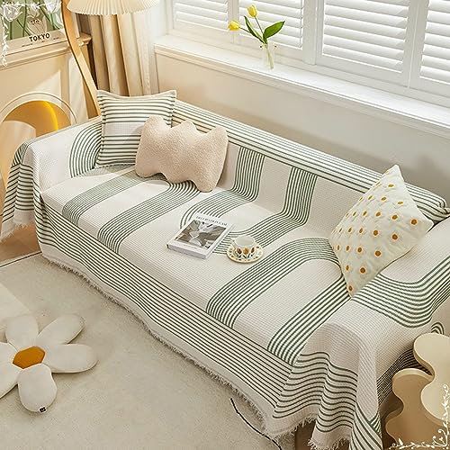 KnSam Home Sofaüberwurf, Waffle mit Streifen Sesselbezug für Relaxsessel, Anti-Rutsch Waschbar Sofa Protection Cover Sofabezug Hund Baumwolle Leinen für Hunde Haustierfreundliche (180x360CM, Grün)
