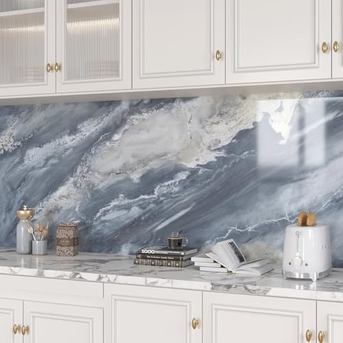 VEELIKE Papier Peint Marbre Bleu Gris Vintage Papier Adhesif Marbre Brillant Papier Autocollant Marbre 40cm × 300cm Papier Peint Cuisine Lavable Salle de Bain Papier Peint Adhesif Mural Salon Amovible