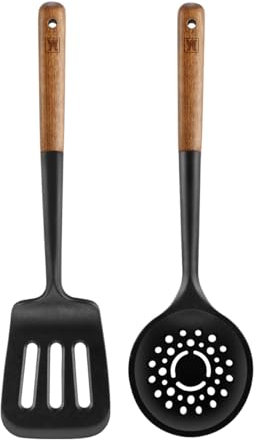 WAGENSTEIGER Set of 2pc Silicone Cooking Utensils: Wooden Handle Slotted Spatula + Cooking Skimmer, Heat Resistant Cooking Utensil, BPA Free, Safe Material for All Cooking Surfaces, Non-Slip Grip