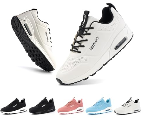 Hitmars Scarpe Running Donna Scarpe Sportive All'Aperto Scarpe Ginnastica PU Idrorepellente Cuscino d'Aria Antiscivolo Traspirante Allacciare Casual Bianco EU39