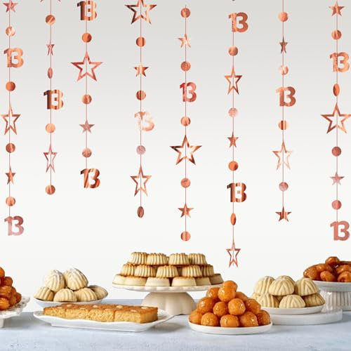 Rose Gold 13. Geburtstag Dekorationen - 2 Stück 13 Jahre Metallic Banner Zahl 13 Kreis Dot Punkte Funkelnder Stern Hanging Streamer Hintergrund für Mädchen Dreizehn Offizielle Teenager Party Deko