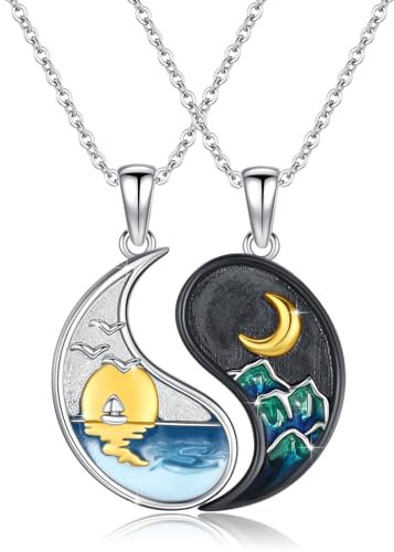 JFASHOP Yin Yang Halskette 925 Sterling Silber Taichi Paar BFF Kette Berg Sonne Anhänger Halskette 2 Stück Yin Yang Kette Schmuck Geschenke für Damen Herren Couple