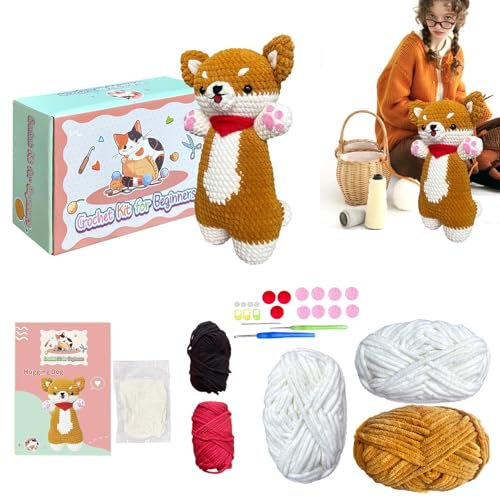 Hunde-Häkelset für Anfänger, 26 x 15 cm, einfaches Häkelset für Kinder, niedliches Tier-Anfänger-Häkelset, Häkel-Strickset, einfaches Hunde-Häkelset für Hundeliebhaber