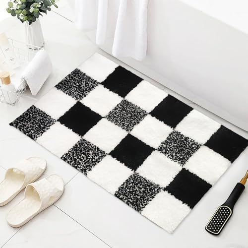 AIBIIN Tapete de baño antideslizante, tapete de baño extrasuave, tapete de baño de microfibra esponjosa y absorbente, tapete de baño lavable, bonito tapete para el lavabo de la ducha, a cuadros,
