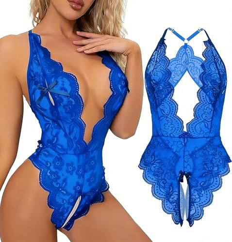 Sexy Lace Bodysuit for Women One Piece Naughty Lingerie Deep V-Neck Hollow Out Teddy Babydoll Transparent Backless Negligee Cutout Wasit Mesh Slim Bodycon Stretch Jumpsuit Leotard Sleepwear