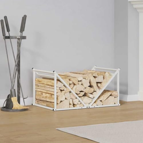 Gecheer Firewood Log Rack Metal Log Store Holder for Outdoor Indoor Metal Fireplace Wood Storage Shelf White 70x43x34.5 cm Cold-rolled steel