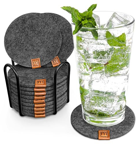 Miqio® Posavasos redondos de fieltro de diseño, juego de 12 unidades + soporte, sostenibles Öko-Tex, posavasos para bebidas, velas, tazas, bar, vasos, decoración de mesa, gris oscuro