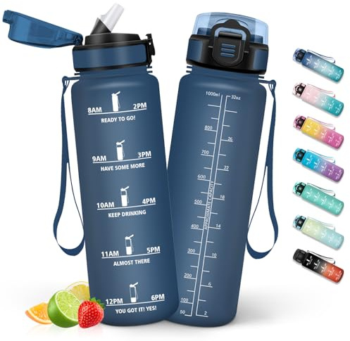HoneyHolly Gourde 1L, Gourde avec Paille, Bouteille Adaptée aux Boissons Gazeuses, Water Bottle Paille Adulte, avec Marquage du Temps, Étanche et sans BPA, Bouteille d'eau pour Sport, Bureau