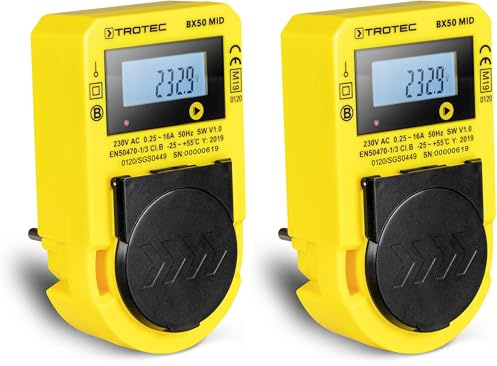 TROTEC Stromzähler für Steckdose BX50 MID – Messgerät Stromverbrauch – Messbereich 57,5 bis 3.680 W, Anzeige in Watt, Volt, Ampere, Wirkleistung, Leistungsfaktor, kWh, Frequenz (Packung mit 2)